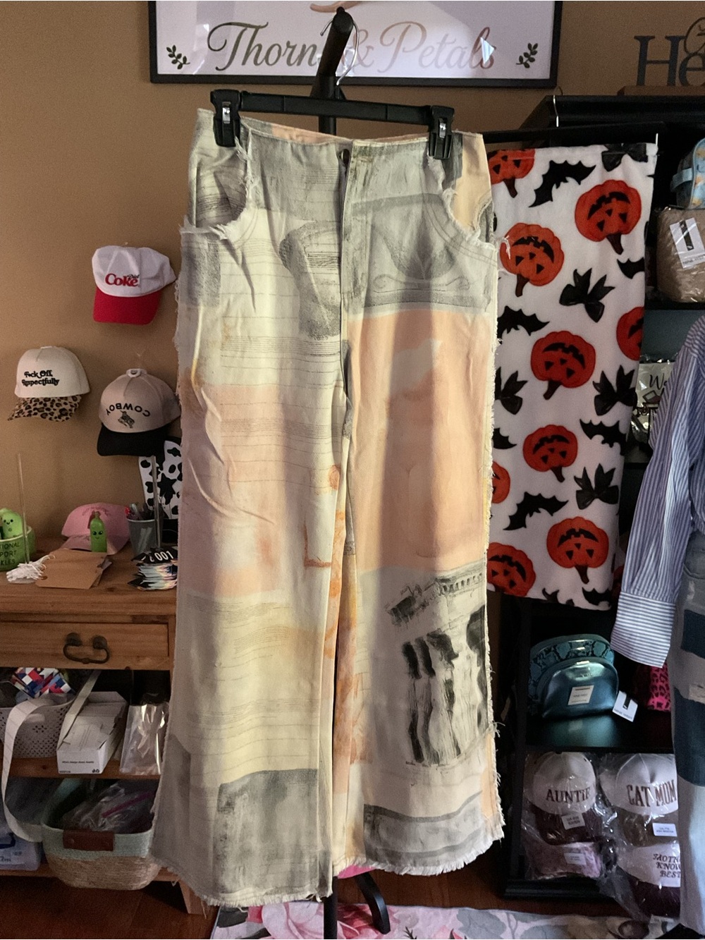 Artistic Print Jeans Wide-Leg Pants Peach and Gray